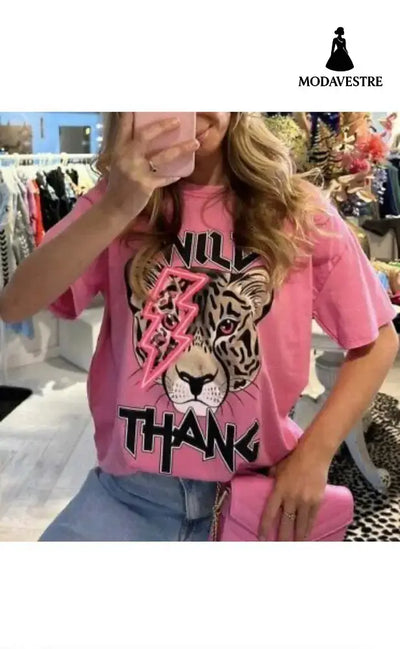 Ladies Oversized Tiger Lightning Wild Thang Short Sleeves T Shirt Top