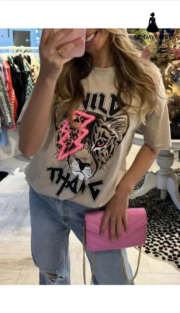 Ladies Oversized Tiger Lightning Wild Thang Short Sleeves T Shirt Top Beige / ML / One