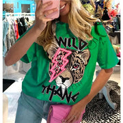 Ladies Oversized Tiger Lightning Wild Thang Short Sleeves T Shirt Top Green / ML / One