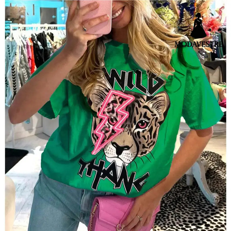 Ladies Oversized Tiger Lightning Wild Thang Short Sleeves T Shirt Top Green / ML / One