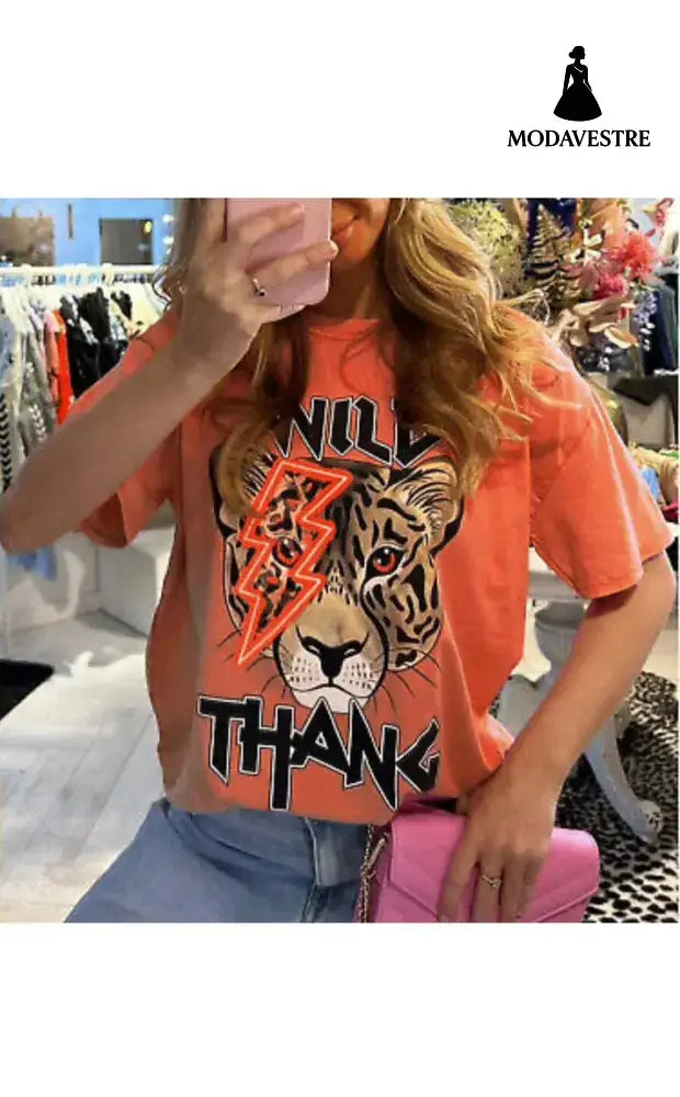 Ladies Oversized Tiger Lightning Wild Thang Short Sleeves T Shirt Top Orange / ML / One