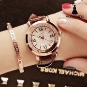 Ladies Watch Flowing Water Diamond British Watch Fashion Student Belt Watch Women Brown