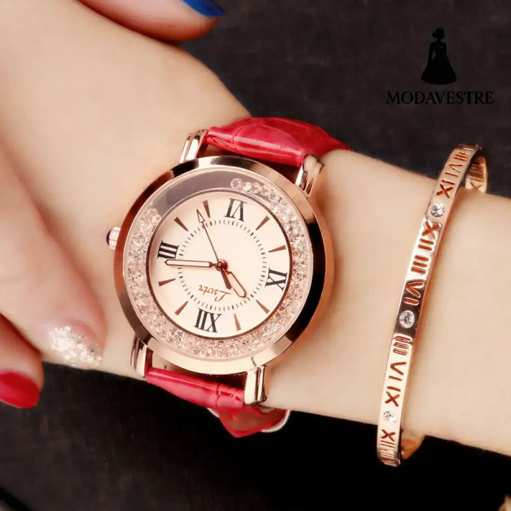 Ladies Watch Flowing Water Diamond British Watch Fashion Student Belt Watch Women Red