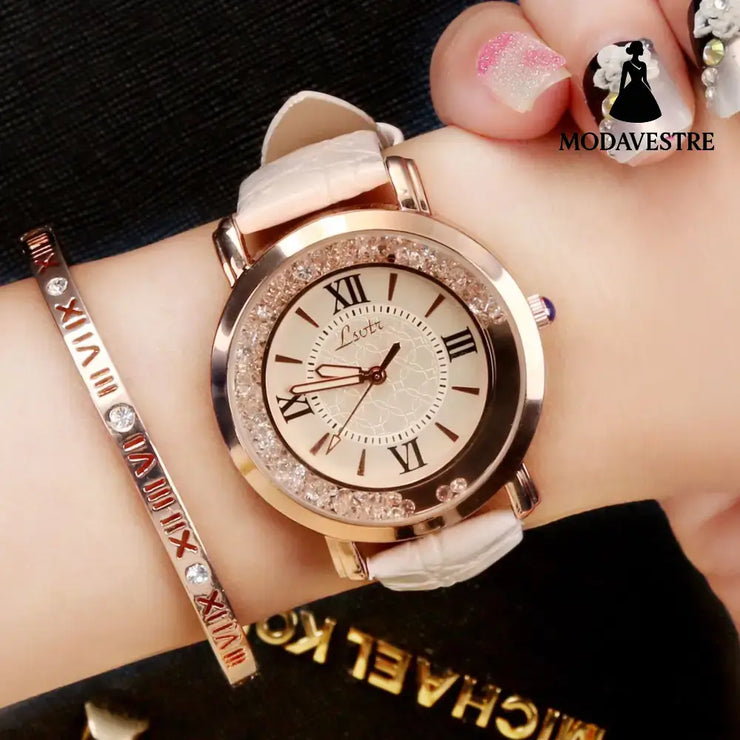 Ladies Watch Flowing Water Diamond British Watch Fashion Student Belt Watch Women White
