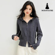Laid-back Style Hooded Drawstring Knit Sweater Women’s Soft Double-Zipper Open Front Long Sleeve Cardigan Outerwear Top