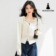 Laid-back Style Hooded Drawstring Knit Sweater Women’s Soft Double-Zipper Open Front Long Sleeve Cardigan Outerwear Top