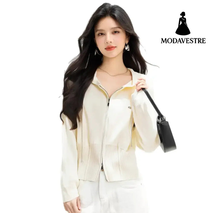 Laid-back Style Hooded Drawstring Knit Sweater Women’s Soft Double-Zipper Open Front Long Sleeve Cardigan Outerwear Top