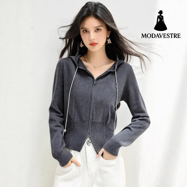 Laid-back Style Hooded Drawstring Knit Sweater Women’s Soft Double-Zipper Open Front Long Sleeve Cardigan Outerwear Top