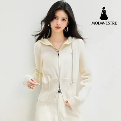 Laid-back Style Hooded Drawstring Knit Sweater Women’s Soft Double-Zipper Open Front Long Sleeve Cardigan Outerwear Top