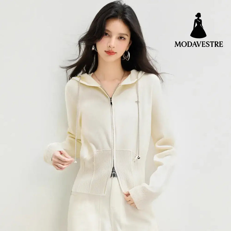 Laid-back Style Hooded Drawstring Knit Sweater Women’s Soft Double-Zipper Open Front Long Sleeve Cardigan Outerwear Top