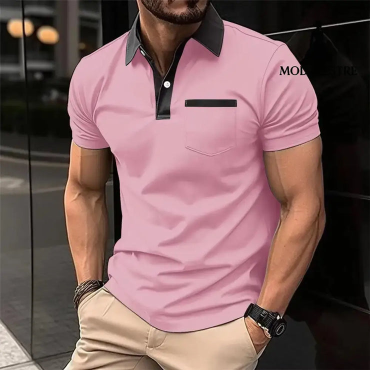 Lapel Fashion Slim Pocket Short-sleeved T-shirt Polo Shirt Men Clothing Pink / L Shirt