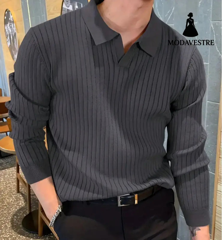 Lapel Texture Stretch Slim Knit Polo Shirt Men Polo Shirt Fashion Waffle Long-sleeved Tops Clothing Casual Comfortable