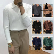 Lapel Texture Stretch Slim Knit Polo Shirt Men Polo Shirt Fashion Waffle Long-sleeved Tops Clothing Casual Comfortable