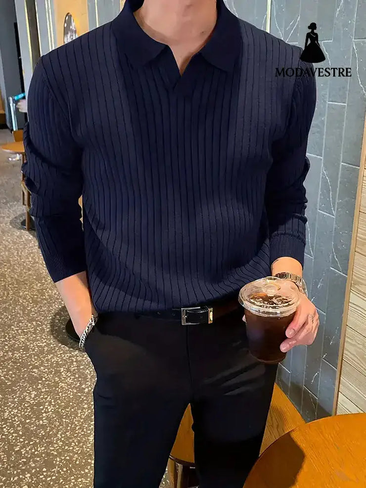 Lapel Texture Stretch Slim Knit Polo Shirt Men Polo Shirt Fashion Waffle Long-sleeved Tops Clothing Casual Comfortable