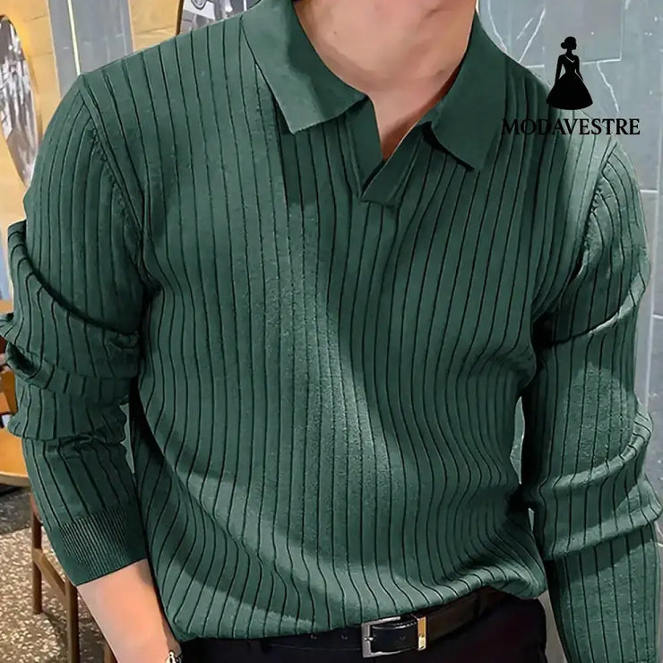 Lapel Texture Stretch Slim Knit Polo Shirt Men Polo Shirt Fashion Waffle Long-sleeved Tops Clothing Casual Comfortable