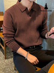 Lapel Texture Stretch Slim Knit Polo Shirt Men Polo Shirt Fashion Waffle Long-sleeved Tops Clothing Casual Comfortable