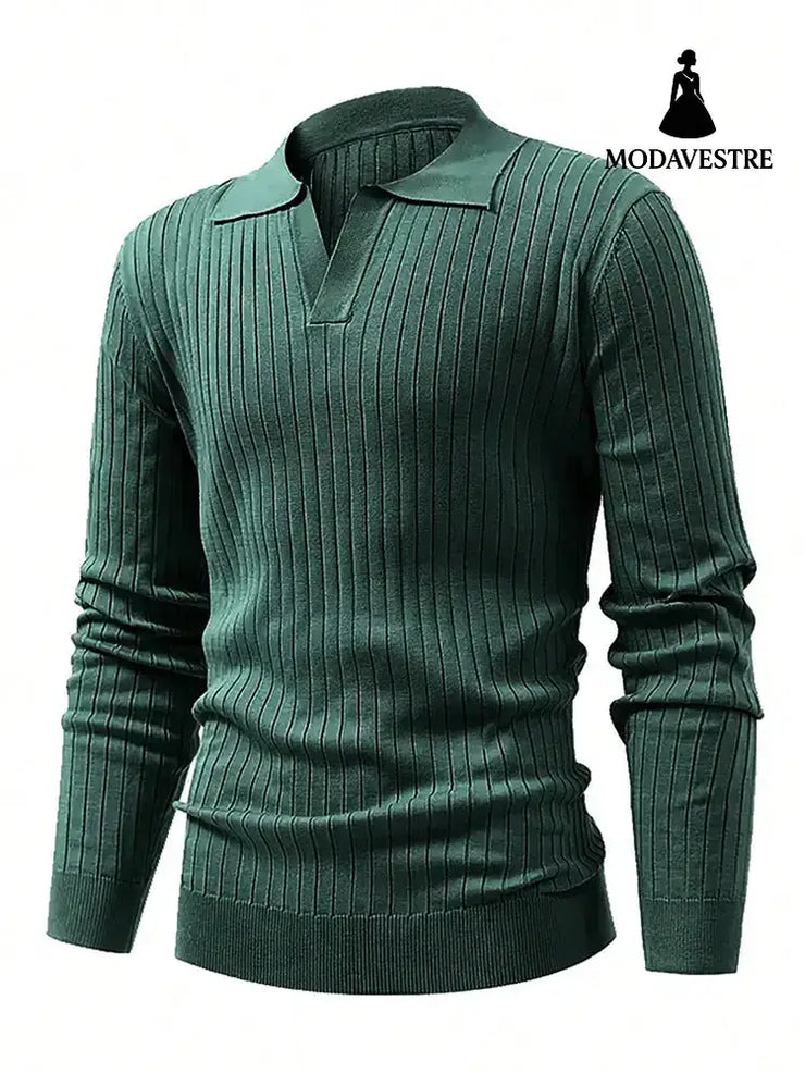 Lapel Texture Stretch Slim Knit Polo Shirt Men Polo Shirt Fashion Waffle Long-sleeved Tops Clothing Casual Comfortable