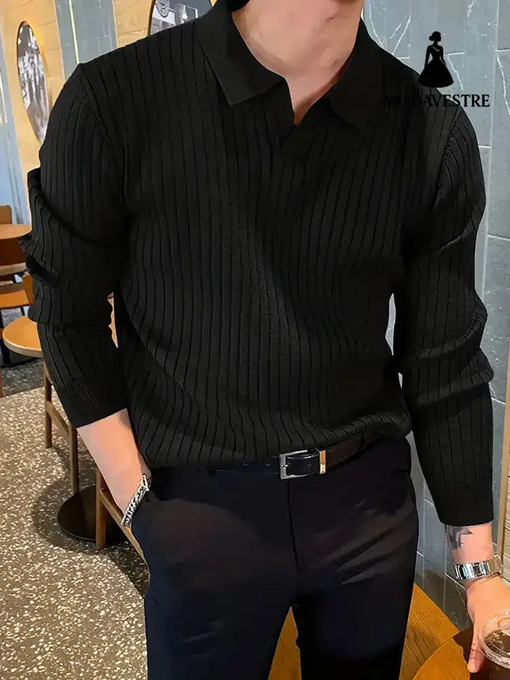 Lapel Texture Stretch Slim Knit Polo Shirt Men Polo Shirt Fashion Waffle Long-sleeved Tops Clothing Casual Comfortable