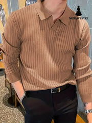 Lapel Texture Stretch Slim Knit Polo Shirt Men Polo Shirt Fashion Waffle Long-sleeved Tops Clothing Casual Comfortable