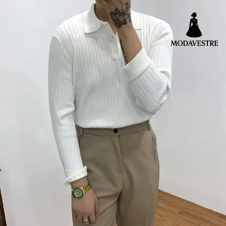 Lapel Texture Stretch Slim Knit Polo Shirt Men Polo Shirt Fashion Waffle Long-sleeved Tops Clothing Casual Comfortable