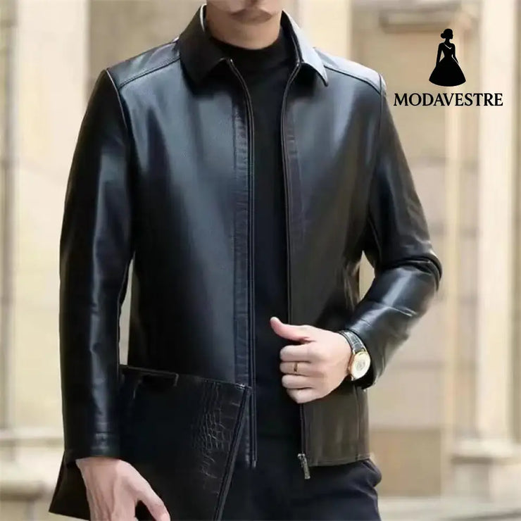 Leather Jacket For Middle-aged Men Leather Clothing With Stand Collar Men Fleece-lined Jacket