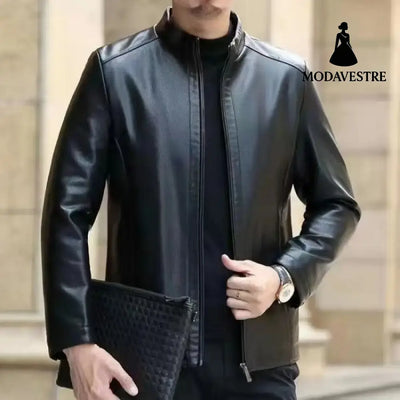 Leather Jacket For Middle-aged Men Leather Clothing With Stand Collar Men Fleece-lined Jacket