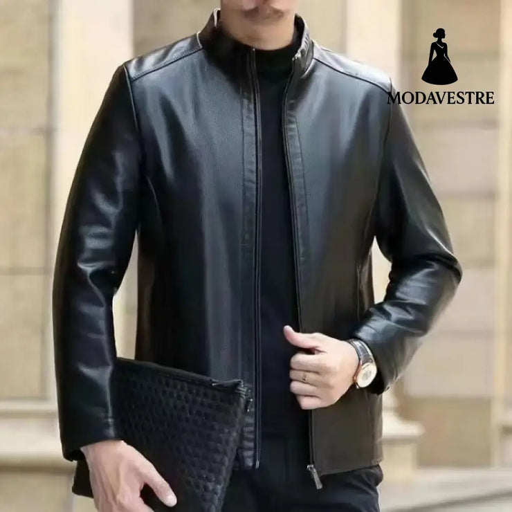 Leather Jacket For Middle-aged Men Leather Clothing With Stand Collar Men Fleece-lined Jacket