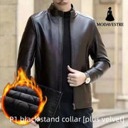 Leather Jacket For Middle-aged Men Leather Clothing With Stand Collar Men Fleece-lined Jacket