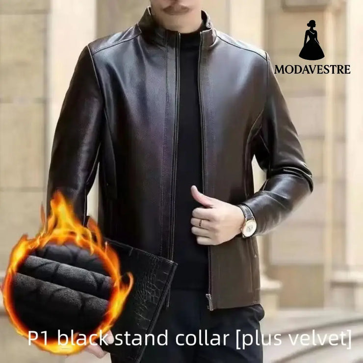 Leather Jacket For Middle-aged Men Leather Clothing With Stand Collar Men Fleece-lined Jacket