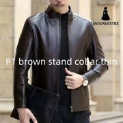 Leather Jacket For Middle-aged Men Leather Clothing With Stand Collar Men Fleece-lined P1 Brown / 2XL Jacket