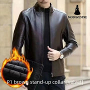 Leather Jacket For Middle-aged Men Leather Clothing With Stand Collar Men Fleece-lined P1 Brown Extra Thick / 2XL Jacket