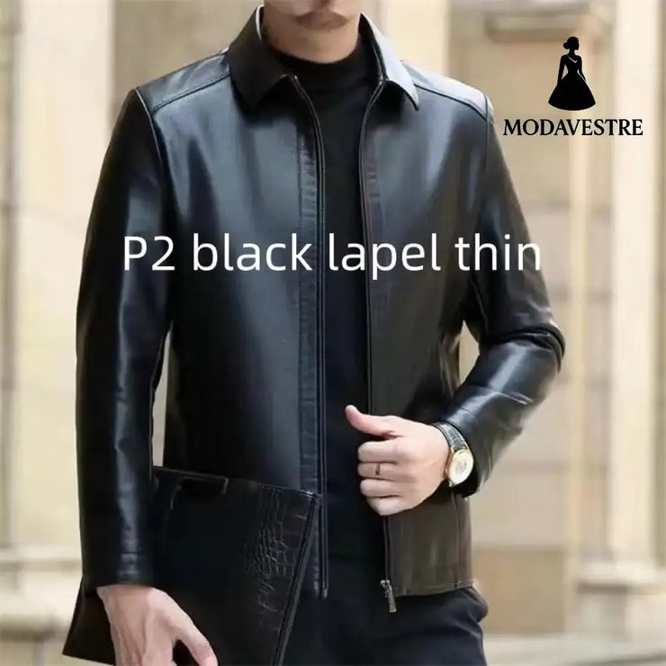 Leather Jacket For Middle-aged Men Leather Clothing With Stand Collar Men Fleece-lined P2 Black / 2XL Jacket
