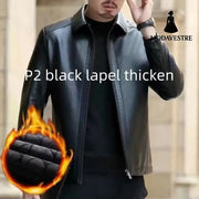 Leather Jacket For Middle-aged Men Leather Clothing With Stand Collar Men Fleece-lined P2 Black With Extra Lining / 2XL