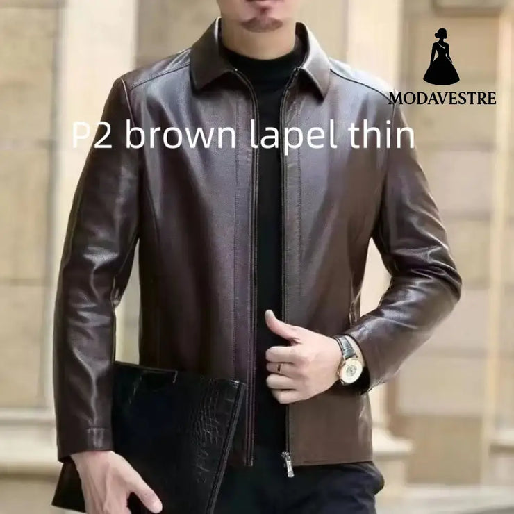 Leather Jacket For Middle-aged Men Leather Clothing With Stand Collar Men Fleece-lined P2 Brown / 2XL Jacket