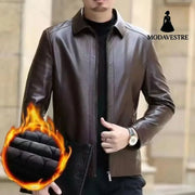 Leather Jacket For Middle-aged Men Leather Clothing With Stand Collar Men Fleece-lined P2 Brown Extra Thick / 2XL Jacket