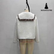 Leopard Splicing Doll Collar Lamb Plush Coat Women Coat