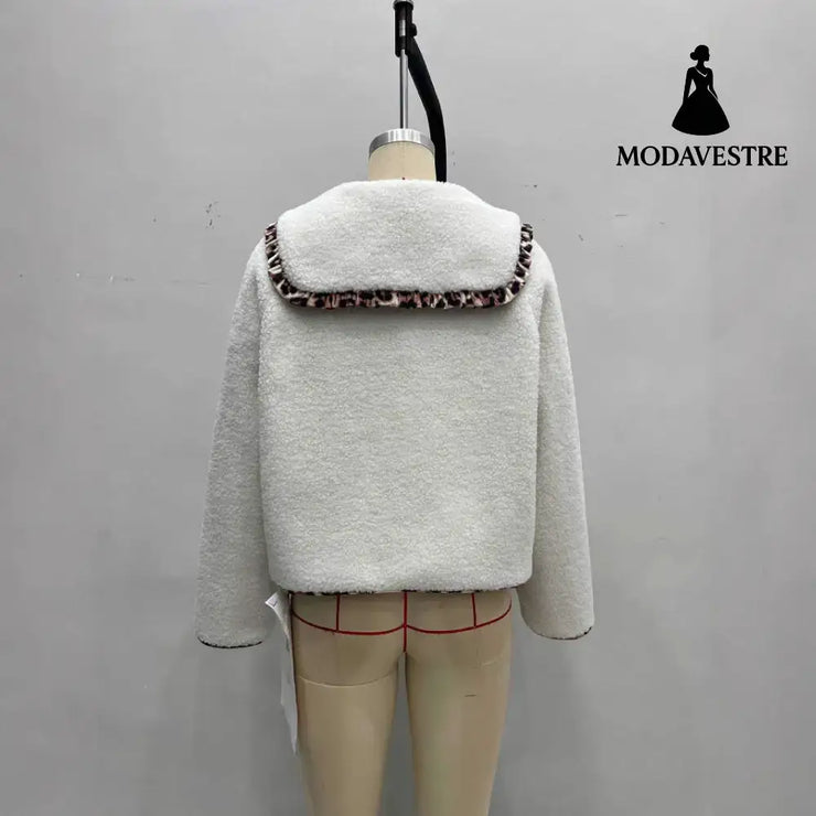 Leopard Splicing Doll Collar Lamb Plush Coat Women Coat