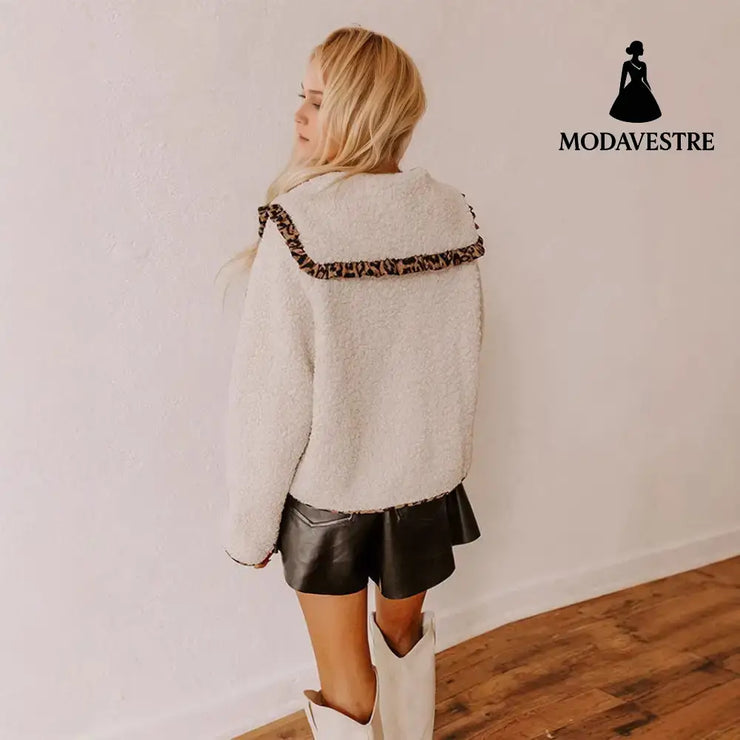 Leopard Splicing Doll Collar Lamb Plush Coat Women Coat