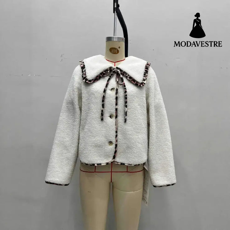 Leopard Splicing Doll Collar Lamb Plush Coat Women Coat