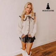 Leopard Splicing Doll Collar Lamb Plush Coat Women Beige / L Coat