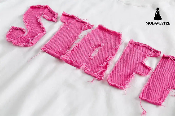 Letter Denim Patch Short Sleeve Men Clothing