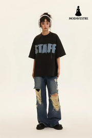 Letter Denim Patch Short Sleeve Men Clothing