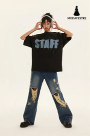 Letter Denim Patch Short Sleeve Men Clothing