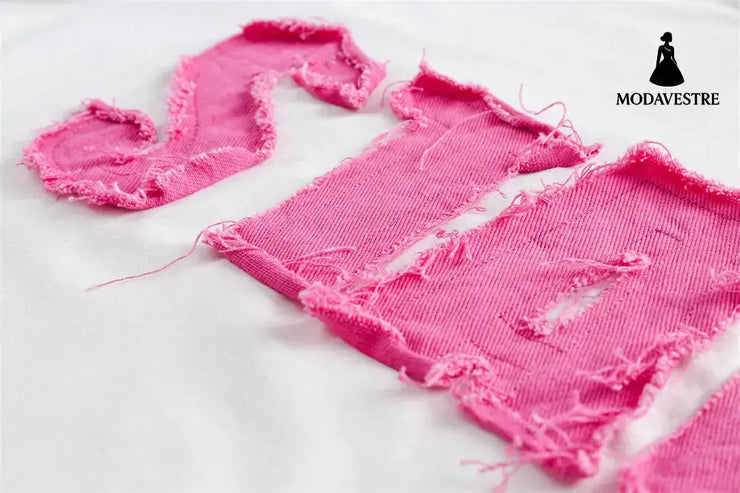 Letter Denim Patch Short Sleeve Men Clothing