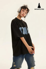 Letter Denim Patch Short Sleeve Men Clothing