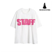 Letter Denim Patch Short Sleeve Men Clothing