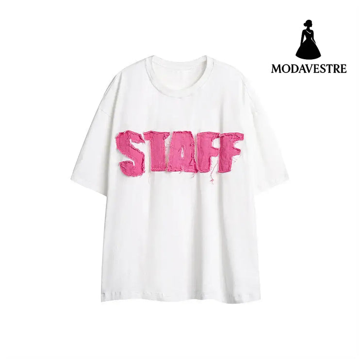 Letter Denim Patch Short Sleeve Men Clothing