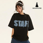 Letter Denim Patch Short Sleeve Men Clothing