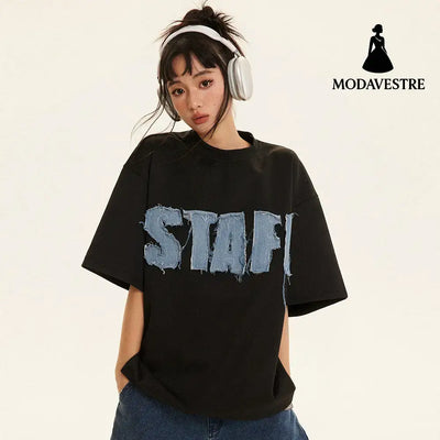 Letter Denim Patch Short Sleeve Men Clothing