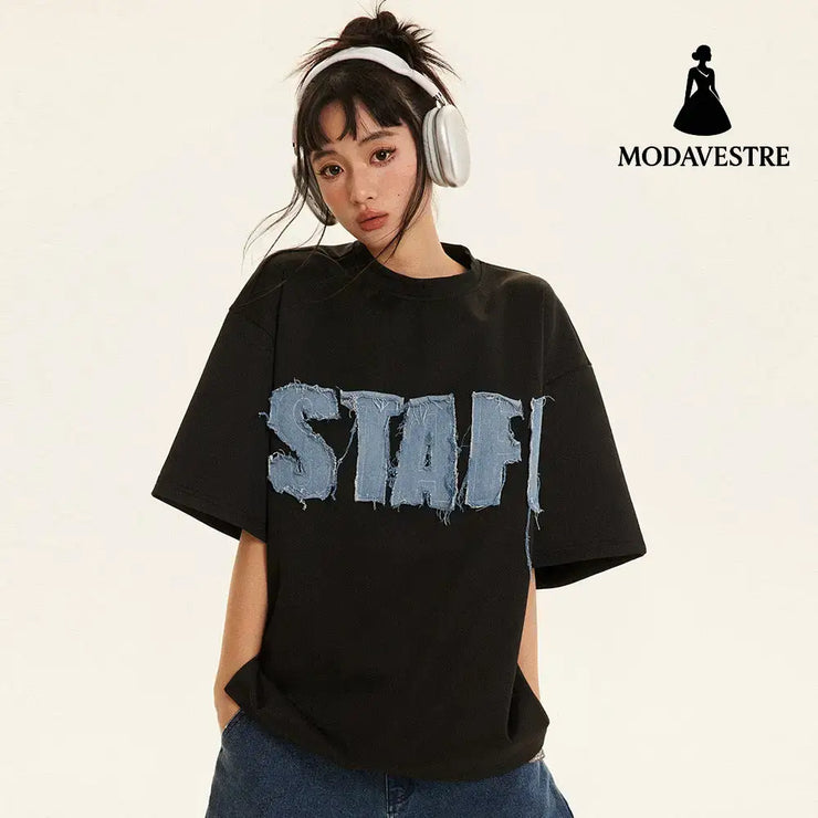 Letter Denim Patch Short Sleeve Men Clothing